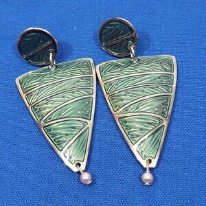 Edgar Berebi Art Deco Style Green Enamel & Silver Tone Earrings Clip-On Vtg 80's
